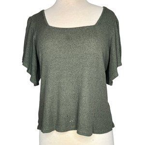 MAUNCES Women's Sweater Size Medium Pull Over Short Sleeve Green Knit Open Back